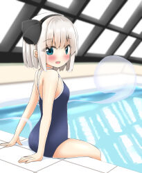 Rule 34 | 1girl, ass, blue eyes, blue one-piece swimsuit, blush, breasts, from behind, hitodama, indoors, konpaku youmu, konpaku youmu (ghost), looking back, one-piece swimsuit, open mouth, pool, poolside, rei no pool, ribbon, school swimsuit, shishiky, short hair, sitting, small breasts, smile, solo, swimsuit, thighs, touhou, white hair, window