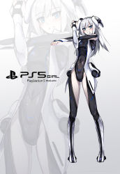Rule 34 | 1girl, absurdres, blue eyes, character name, covered navel, crossed arms, game console, highres, i.takashi, jacket, leotard, mecha musume, personification, playstation 5, playstation controller, product girl, ps5 chan, skin tight, smile, solo, sony, white hair, zoom layer