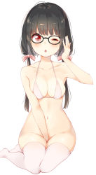 Rule 34 | 1girl, :o, ;o, azuki (krps-hano), between legs, bikini, bikini top only, black-framed eyewear, black hair, blush, bottomless, breasts, cleavage, collarbone, glasses, groin, hair ribbon, halterneck, hand between legs, head tilt, highres, long hair, looking at viewer, low twintails, manatsuki manata, medium breasts, navel, no panties, one eye closed, open mouth, original, pink ribbon, red eyes, ribbon, simple background, solo, swimsuit, thighhighs, twintails, white background, white bikini, white thighhighs