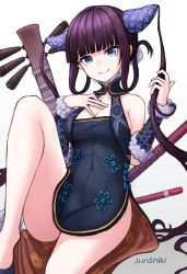 Rule 34 | 1girl, bare shoulders, black dress, blue eyes, blunt bangs, breasts, china dress, chinese clothes, cleavage, closed mouth, covered navel, detached sleeves, dress, fate/grand order, fate (series), floral print, flute, hair ornament, hand on own chest, highres, holding, holding own hair, instrument, junshiki, knee up, long hair, looking at viewer, medium breasts, pipa (instrument), purple hair, sidelocks, simple background, sitting, smile, solo, thighs, twintails, very long hair, white background, yang guifei (fate), yang guifei (second ascension) (fate)