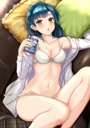 Rule 34 | 1girl, :o, armpits, bare legs, bare shoulders, blue hair, book, bra, braid, breasts, cleavage, collarbone, commentary, couch, crown braid, dutch angle, feet out of frame, fingernails, glint, green eyes, grey skirt, highres, holding, holding book, idolmaster, idolmaster million live!, idolmaster million live! theater days, lipstick, long sleeves, looking at viewer, lying, makeup, medium breasts, medium hair, nail polish, nanao yuriko, navel, off shoulder, on back, on couch, on side, open clothes, open mouth, open shirt, panties, pillow, pink lips, pink nails, plaid, plaid skirt, shirt, side-tie panties, skirt, unworn skirt, solo, stomach, underwear, untied panties, white bra, white panties, white shirt, yuzuyu (hyui)