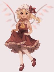 Rule 34 | 1girl, adapted costume, blonde hair, blurry, bow, chicachang, clothes lift, collar, collared shirt, fang, flandre scarlet, frilled collar, frilled skirt, frills, full body, hair between eyes, hat, hat bow, highres, lace, lace-trimmed skirt, lace trim, lifted by self, looking at viewer, mary janes, medium hair, mob cap, one side up, open mouth, puffy short sleeves, puffy sleeves, red bow, red eyes, red footwear, red skirt, red vest, shirt, shoes, short sleeves, skin fang, skirt, skirt lift, skirt set, solo, standing, standing on one leg, thighhighs, touhou, vest, white background, white hat, white shirt, white thighhighs, wings