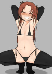 Rule 34 | 1girl, armpits, arms behind head, arms up, bikini, black bikini, black bow, black choker, black gloves, black thighhighs, blush, bow, brown eyes, brown hair, choker, commentary, elbow gloves, female focus, flat chest, girls und panzer, gloves, grey background, grin, hair bow, half-closed eyes, halterneck, kadotani anzu, long hair, looking at viewer, navel, ngc20701, parted bangs, sexually suggestive, shadow, side-tie bikini bottom, simple background, smile, smirk, solo, standing, string bikini, sweat, swimsuit, thighhighs, twintails