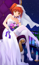 Rule 34 | 1girl, alternate costume, bare shoulders, blue fire, bouquet, breasts, bridal veil, candle, chair, choker, cleavage, dress, fate/grand order, fate (series), fire, flower, fujimaru ritsuka (female), garter straps, gloves, hand on own cheek, hand on own face, head rest, head tilt, high heels, highres, kyoukai33, looking at viewer, medium breasts, orange eyes, orange hair, shoes, short hair, side ponytail, sitting, smile, solo, stiletto heels, strapless, strapless dress, thighhighs, veil, wedding dress, white dress, white footwear, white gloves, white neckwear, white thighhighs