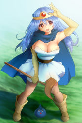 Rule 34 | 1girl, blue cape, blue hair, blush, boots, breasts, brown footwear, brown hair, cape, cleavage, dragon quest, dragon quest iii, elbow gloves, gloves, highres, knee boots, large breasts, long hair, looking at viewer, open mouth, sage (dq3), shiro hougyoku, slime (dragon quest), smile, yellow gloves