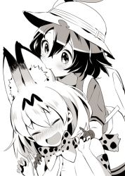 Rule 34 | 10s, 2girls, animal ears, bag, biting, black hair, blush, bow, bowtie, ear biting, eargasm, elbow gloves, closed eyes, gloves, greyscale, hand on another&#039;s shoulder, hat, hat feather, holding hands, kaban (kemono friends), kemono friends, monochrome, multiple girls, open mouth, pants, pantyhose, serval (kemono friends), serval print, short hair, short sleeves, simple background, smile, sweatdrop, uncommon stimulation, white background, yanyo (ogino atsuki), yuri