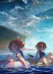 Rule 34 | 10s, 2girls, afloat, aged down, aircraft, airplane, bad id, bad pixiv id, barefoot, bird, brown eyes, brown hair, child, cloud, cusui, destroyer, feet, floating, folded ponytail, hair ornament, hairclip, ikazuchi (kancolle), inazuma (kancolle), kantai collection, lifebuoy, long hair, military, military vehicle, multiple girls, ocean, one-piece swimsuit, open mouth, school swimsuit, seagull, ship, short hair, sky, smile, swim ring, swimsuit, warship, water, watercraft