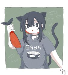 Rule 34 | 1girl, animal, animal ears, artist name, ashi izumo, black choker, black eyes, black hair, black tail, border, bright pupils, cat ears, cat girl, cat tail, choker, clothes writing, commentary, double-parted bangs, fish, green background, grey hoodie, hand up, highres, holding, holding animal, holding fish, hood, hood down, hoodie, looking at viewer, multicolored hair, orange hair, original, print shirt, shirt, short sleeves, sidelocks, simple background, solo, straight-on, tail, tongue, tongue out, two-tone hair, upper body, white border, white pupils