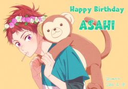 Rule 34 | 1boy, 2016, artist name, candy, character name, dated, happy birthday, head wreath, high speed!, looking at viewer, male focus, monkey, pink eyes, shiina asahi, simple background, tagme, yellow background, zatta