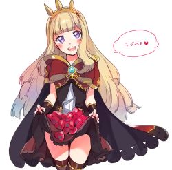Rule 34 | 10s, 1girl, :d, blonde hair, blush, cagliostro (granblue fantasy), crown, fuji fujino, granblue fantasy, heart, heart-shaped pupils, long hair, open mouth, purple eyes, simple background, smile, solo, symbol-shaped pupils, teeth, thighhighs, white background