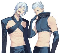Rule 34 | 2boys, abs, androgynous, bare pectorals, bare shoulders, bishounen, blue eyes, dante (devil may cry), devil may cry, devil may cry (series), devil may cry 3, hair between eyes, hair slicked back, highres, long sleeves, looking at viewer, male focus, midriff, multiple boys, muscular, muscular male, open clothes, open mouth, pectorals, siblings, simple background, sleeveless, sleeves past wrists, smile, toned, twins, vergil (devil may cry), white background, white hair, ykim01989882