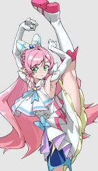 Rule 34 | 1girl, absurdres, armpits, arms up, ascot, boots, bow, braid, center frills, commentary request, crown braid, cure prism, dress, elbow gloves, flexible, frills, gloves, green eyes, hair bow, highres, hirogaru sky! precure, knee boots, kneepits, leg up, long hair, looking at viewer, magical girl, nijigaoka mashiro, parted lips, pink hair, precure, solo, split, standing, standing on one leg, standing split, tanabe (fueisei), very long hair, white dress, white footwear, white gloves