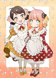 Rule 34 | 2girls, absurdres, ahoge, anya (spy x family), apron, becky blackbell, black hair, blush, border, child, clothes lift, collared dress, cross tie, double bun, dress, dress lift, floral background, floral print, food, food on face, frilled apron, frills, full body, green eyes, grey eyes, hair bun, hair ornament, hairpods, heart, heart hair ornament, highres, hinamori (m nmy01), juliet sleeves, long sleeves, looking at viewer, medium hair, multiple girls, open mouth, pantyhose, peanut, pink hair, print dress, puffy sleeves, red dress, red footwear, smile, spy x family, swept bangs, teeth, upper teeth only, white apron, white pantyhose, yellow dress, yellow footwear
