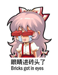 Rule 34 | 1girl, bow, brick, chinese text, collared shirt, crying, fujiwara no mokou, hair bow, jokanhiyou, long hair, lowres, open mouth, pants, puffy short sleeves, puffy sleeves, red pants, shirt, short sleeves, simple background, simplified chinese text, solo, suspenders, touhou, white background, white bow, white hair, white shirt