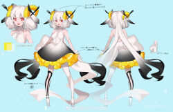 Rule 34 | :d, absurdres, animal ears, aqua background, back bow, backless dress, backless outfit, bare shoulders, black dress, black hair, black thighhighs, bow, breasts, character sheet, double bun, dress, fork hair ornament, frilled dress, frills, gradient dress, gradient hair, hair bun, high heels, highres, horns, impossible clothes, impossible dress, knife hair ornament, legs apart, long hair, low twintails, medium breasts, multicolored hair, multiple views, open mouth, original, pantyhose, red eyes, sheep ears, sheep horns, shokuen (oxstl), short dress, single leg pantyhose, single thighhigh, sleeveless, sleeveless dress, smile, standing, striped clothes, striped thighhighs, thighhighs, turnaround, twintails, vertical-striped clothes, vertical-striped thighhighs, very long hair, weibo logo, weibo watermark, white bow, white dress, white footwear, white hair, white pantyhose, wrist cuffs, yellow horns