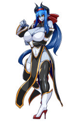 Rule 34 | 1girl, :d, bare shoulders, black sclera, black thighhighs, blue hair, blue skin, blush, breast hold, breasts, cleavage, cleavage cutout, clothing cutout, colored sclera, colored skin, covered navel, demon girl, demon horns, detached sleeves, full body, hair ribbon, high heels, horns, huge breasts, kamen no hito, long hair, looking at viewer, low ponytail, open mouth, original, pelvic curtain, red ribbon, ribbon, smile, solo, thighhighs, very long hair, wide sleeves, yellow eyes