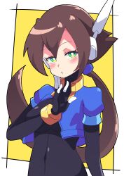 Rule 34 | 1girl, absurdres, aile (mega man zx), black bodysuit, blush, bodysuit, breasts, brown hair, buzzlyears, cropped jacket, female focus, green eyes, heart, highres, jacket, large breasts, long hair, mega man (series), mega man zx, navel, open clothes, open jacket, ponytail, robot ears, tagme