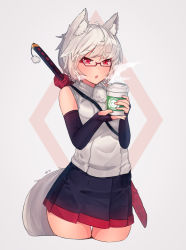 Rule 34 | 1girl, :o, animal ears, bare shoulders, bespectacled, black skirt, blush, bridal gauntlets, coffee, cowboy shot, cropped legs, cup, disposable cup, ehrrr, elbow gloves, glasses, gloves, hat, highres, inubashiri momiji, miniskirt, pom pom (clothes), red-framed eyewear, red eyes, semi-rimless eyewear, shirt, short hair, silver hair, skirt, sleeveless, sleeveless shirt, solo, starbucks, steam, sword, tail, thigh gap, tokin hat, touhou, under-rim eyewear, weapon, weapon on back, white shirt, wide sleeves, wolf ears, wolf tail