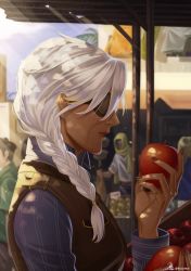 Rule 34 | 1girl, ana (overwatch), apple, blue shirt, braid, commentary request, dark-skinned female, dark skin, day, eyepatch, food, from side, fruit, hair over shoulder, highres, holding, holding food, holding fruit, jewelry, kuzunue, lips, long braid, market, medium hair, nose, old, old woman, one-eyed, overwatch, overwatch 1, pinstripe pattern, pinstripe shirt, ring, shirt, single braid, solo focus, striped, vest, white hair