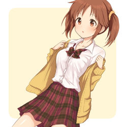 Rule 34 | 1girl, blush, bow, bowtie, breasts, brown eyes, brown hair, cardigan, collarbone, cowboy shot, dress shirt, dutch angle, hair ornament, hair scrunchie, idolmaster, idolmaster cinderella girls, long sleeves, looking at viewer, medium breasts, miniskirt, mugi (banban53), open cardigan, open clothes, open mouth, pleated skirt, school uniform, scrunchie, shirt, simple background, skirt, solo, standing, sweatdrop, totoki airi, twintails, undressing, white background, white shirt, yellow cardigan, yellow scrunchie