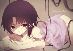 Rule 34 | 1girl, absurdres, asymmetrical hair, brown eyes, brown hair, cable, closed mouth, copyright name, dress, hair ornament, hairclip, highres, iwakura lain, looking at viewer, parted bangs, serial experiments lain, shiroganeyoru, short hair, sleeveless, solo, strap slip, white dress