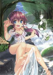 Rule 34 | 1girl, absurdres, barefoot, bikini, blue eyes, breasts, brown hair, cleavage, collarbone, day, eyebrows, feet, foreshortening, forest, hair between eyes, highres, long hair, looking at viewer, nature, non-web source, open mouth, original, outdoors, pointy ears, ponytail, red bikini, scan, see-through, shirt, small breasts, soles, solo, swimsuit, taletale, toes, water, wet, wet clothes, wet shirt, white shirt