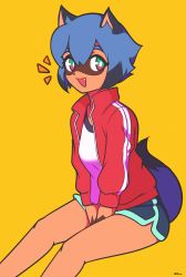 Rule 34 | 1girl, 2021, :3, animal ears, between legs, black hair, black undershirt, blue hair, blue shorts, brand new animal, breasts, commentary, double vertical stripe, fang, feet out of frame, furry, furry female, green eyes, gym shorts, hair between eyes, hand between legs, highres, invisible chair, jacket, jeff miga, kagemori michiru, medium breasts, multicolored eyes, multicolored hair, open clothes, open jacket, open mouth, raccoon ears, raccoon girl, raccoon tail, red eyes, red jacket, shirt, short hair, shorts, signature, simple background, sitting, sleeves past elbows, smile, solo, tail, track jacket, two-tone hair, white shirt, yellow background