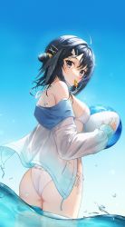 Rule 34 | 1girl, absurdres, ahoge, arknights, ass, ball, bare shoulders, beachball, bikini, black hair, blue sky, breasts, commentary, cowboy shot, day, dutch angle, feather hair ornament, feathers, flippy (cripine111), hair bun, hair ornament, hairclip, hands up, highres, holding, holding ball, holding beachball, jacket, la pluma (arknights), la pluma (summer flowers) (arknights), long sleeves, looking at viewer, medium breasts, mouth hold, official alternate costume, open clothes, open jacket, outdoors, partially underwater shot, short hair, side-tie bikini bottom, single hair bun, sky, sleeves past wrists, string bikini, swimsuit, thigh strap, wading, whistle, white bikini, white jacket, x hair ornament