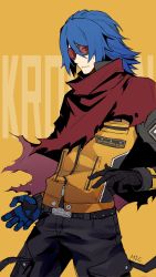 Rule 34 | blue hair, cape, fighting game, gloves, hair between eyes, highres, jacket, k9999, krohnen, long sleeves, mechanical arms, orange background, red cape, snk, solo, the king of fighters, the king of fighters xv, torn clothes