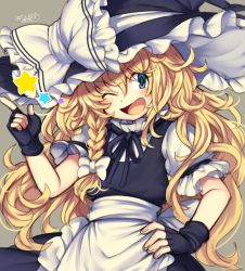 Rule 34 | 1girl, black gloves, black ribbon, blonde hair, blue eyes, blush, bow, fingerless gloves, gloves, hair bow, hand on own hip, hat, index finger raised, iroyopon, kirisame marisa, looking at viewer, one eye closed, ribbon, smile, solo, thick eyebrows, touhou, white bow, witch, witch hat
