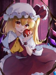 Rule 34 | 1girl, :d, apple, ascot, blonde hair, blush, commentary request, crystal, fang, flandre scarlet, food, frilled shirt collar, frills, fruit, hair between eyes, hand up, hat, highres, holding, holding food, holding fruit, indoors, light particles, looking at viewer, mob cap, murumuru (pixiv51689952), one side up, open mouth, petticoat, puffy short sleeves, puffy sleeves, red eyes, red skirt, red vest, short sleeves, skin fang, skirt, skirt set, smile, solo, touhou, vest, white hat, window, wings, wrist cuffs, yellow ascot