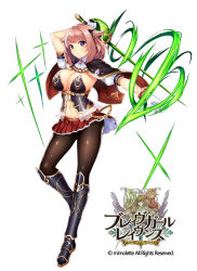 Rule 34 | 1girl, boots, brave girl ravens, breasts, cape, capelet, character request, cleavage, copyright name, full body, gem, gloves, holding, holding sword, holding weapon, horosuke, knee boots, large breasts, logo, looking at viewer, midriff, miniskirt, navel, official art, original, pantyhose, pink hair, pleated skirt, purple eyes, short hair, short sleeves, skirt, solo, sword, weapon, white gloves