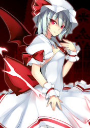 Rule 34 | 1girl, ascot, bat wings, blue hair, brooch, dean (momodean), female focus, hat, highres, jewelry, red eyes, remilia scarlet, short hair, slit pupils, solo, touhou, wings, wrist cuffs