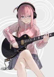 Rule 34 | 1girl, blue eyes, bocchi the rock!, closed mouth, crossed legs, cube hair ornament, electric guitar, esubui, gibson les paul, gotoh hitori, grey skirt, guitar, hair ornament, headphones, highres, holding, holding instrument, holding plectrum, instrument, jacket, long hair, looking down, music, one side up, pink hair, pink jacket, playing instrument, pleated skirt, plectrum, sitting, skirt, solo, track jacket