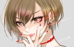 Rule 34 | 1girl, brown eyes, brown hair, caracoro, character name, close-up, collar, commentary, earrings, eye focus, glowing, glowing eyes, hand over face, jewelry, light smile, lipstick, looking at viewer, makeup, meiko (vocaloid), nail polish, portrait, red nails, short hair, solo, vocaloid