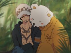 Rule 34 | ^ ^, affectionate, bad id, bad twitter id, bear, bepo, blurry, blurry background, blush, closed eyes, crossed arms, earrings, facial hair, goatee, hat, jewelry, jumpsuit, looking at another, one piece, orange jumpsuit, plant, potechi norisio, sideburns, torso, trafalgar law, upper body, yellow eyes