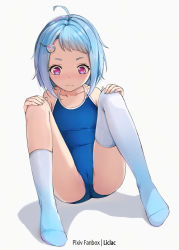 Rule 34 | 1girl, ahoge, artist name, bare shoulders, blue hair, blue one-piece swimsuit, blue socks, blue thighhighs, blush, cameltoe, cleft of venus, closed mouth, collarbone, commentary request, flat chest, full body, grey background, hair ornament, hairclip, highres, knees up, liclac, no shoes, one-piece swimsuit, original, purple eyes, school swimsuit, shadow, short eyebrows, single sock, single thighhigh, sitting, socks, solo, swimsuit, thick eyebrows, thighhighs