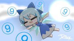 Rule 34 | barefoot, blue bow, blue dress, blue hair, blue sky, bow, bowtie, chibi, circled 9, cirno, cirno day, cloud, dress, closed eyes, flying, hair between eyes, hair bow, ice, ice wings, jameszboy, open mouth, red ribbon, ribbon, short hair, short sleeves, sky, solo, touhou, wings