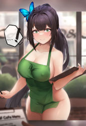 Rule 34 | !, 1girl, absurdres, apron, barista, black hair, blurry, blurry background, blush, breasts, butterfly hair ornament, cafe, cleavage, closed mouth, collarbone, commission, covered erect nipples, green apron, green eyes, hair between eyes, hair ornament, highres, holding, holding menu, holding pencil, iced latte with breast milk (meme), indoors, korean commentary, large breasts, legs together, long hair, looking at viewer, meme, meme attire, menu, naked apron, nine (kanine41), original, pencil, sidelocks, smile, solo, spoken exclamation mark, standing, thighhighs, window