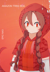 Rule 34 | 10s, 1girl, amazon tree boa (kemono friends), artist name, braid, character name, epic nao, highres, hood, kemono friends, long hair, orange background, red eyes, simple background, slit pupils, snake tail, solo, tail, twin braids, upper body