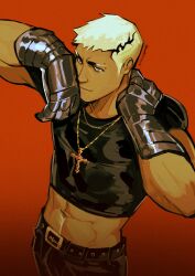 Rule 34 | 1boy, arms up, belt, belt buckle, black belt, black pants, black shirt, brown eyes, buckle, closed mouth, commentary, cowboy shot, crop top, cross, cross necklace, dark-skinned male, dark skin, english commentary, eyebrow piercing, gauntlets, hand on own neck, highres, jewelry, male focus, midriff, multicolored hair, navel, necklace, original, padeliciouss, pants, piercing, red background, shirt, short hair, short sleeves, smile, streaked hair, twitter username, white hair