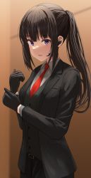 Rule 34 | 1girl, alternate hairstyle, belt, black gloves, black hair, black jacket, black pants, collared shirt, earpiece, formal, glove pull, gloves, hands up, highres, indoors, inoue takina, jacket, long hair, looking at viewer, lycoris recoil, necktie, official alternate costume, pants, parted lips, pocket, ponytail, pulling own clothes, purple eyes, red necktie, revision, shirt, silver bullet (ecc12 8), solo, suit, suit jacket, white shirt