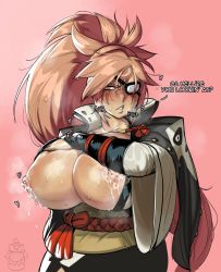 Rule 34 | 1girl, angry, armor, baiken, big hair, black jacket, black kimono, breast milk, breasts, commentary, cowboy shot, english commentary, english text, eyepatch, facial tattoo, grabbing, grabbing another&#039;s breast, grabbing own breast, greaves, guilty gear, guilty gear xrd, heart, high ponytail, highres, huge breasts, huge nipples, jacket, jacket on shoulders, japanese clothes, kataginu, kimono, krekkov, lactation, large areolae, long hair, looking at viewer, multicolored clothes, multicolored kimono, nipple piercing, nipple slip, nipples, one-eyed, open clothes, open kimono, piercing, pink background, pink hair, ponytail, potemkin (guilty gear), samurai, sash, scar, scar across eye, scar on face, scowl, shiny skin, sidelocks, solo, sound effects, steaming body, sweat, tattoo, very long hair, white kimono, wide sleeves, yellow eyes