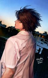 Rule 34 | 1boy, absurdres, black eyes, black hair, collared shirt, dated, death note, hair between eyes, highres, jnkku, l (death note), looking at viewer, looking back, male focus, outdoors, shirt, short hair, short sleeves, solo, spiked hair, sunset, twitter username, upper body, white shirt