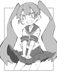 Rule 34 | 1girl, blush, cowboy shot, fang, framed, greyscale, long hair, monochrome, open mouth, outside border, pleated skirt, sailor collar, school uniform, serafuku, shirt, short sleeves, simple background, skirt, skirt hold, solo, standing, sweat, twintails, ueno-san wa bukiyou, ueno (ueno-san wa bukiyou), very long hair, white background, zubatto (makoto)