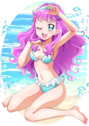Rule 34 | 1girl, ;d, arm up, armpits, barefoot, bikini, blue eyes, blue hairband, blush, breasts, cleavage, collarbone, frilled bikini, frills, full body, hairband, halterneck, hanzou, highres, laura (precure), long hair, looking at viewer, medium breasts, navel, one eye closed, open mouth, pink hair, precure, sideboob, sitting, smile, solo, spoilers, swimsuit, tropical-rouge! precure, very long hair, wariza