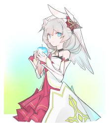 Rule 34 | 1girl, :i, bare shoulders, blue apple, blue eyes, bridal veil, closed mouth, dress, error1980, food, hair between eyes, hair ornament, highres, holding, holding food, honkai (series), honkai impact 3rd, long sleeves, looking at viewer, side ponytail, solo, theresa apocalypse, theresa apocalypse (celestial hymn), veil, white dress, white hair
