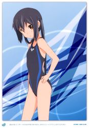 Rule 34 | 1girl, absurdres, black hair, blush, brown eyes, competition swimsuit, errant, highres, k-on!, long hair, looking at viewer, nakano azusa, one-piece swimsuit, solo, swimsuit, twintails