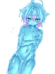 Rule 34 | 1boy, ahoge, blue hair, blush, collarbone, commission, completely nude, curss, green eyes, looking away, looking down, monster boy, navel, nude, open mouth, original, pink hair, short hair, skeb commission, slime boy, solo, virtual youtuber
