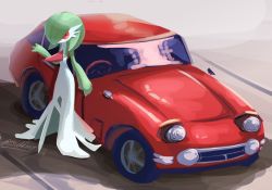 Rule 34 | 1girl, artist name, bob cut, car, colored skin, creatures (company), day, female focus, flat chest, full body, game freak, gardevoir, gen 3 pokemon, green hair, green skin, hair over one eye, hand up, highres, leaning on object, looking at viewer, motor vehicle, multicolored skin, nintendo, one eye covered, outdoors, pokemon, pokemon (creature), red eyes, short hair, signature, solo, standing, tsukkon, twitter username, two-tone skin, white skin